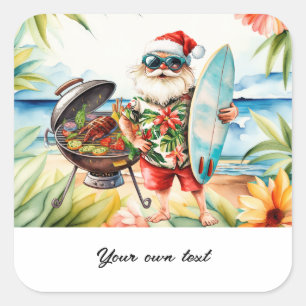 Sticker Carré Noël en juillet avec Père Noël à la plage