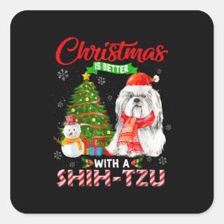 Sticker Carré Noël Est Mieux Avec Un Chih Tzu Santa Hat Ligh