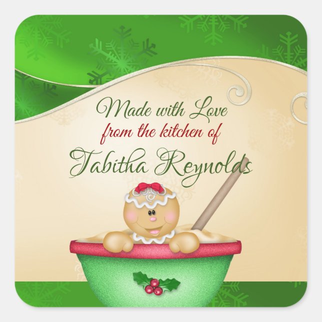 Sticker Carré Noël, Fabriqué avec amour, Fille de pain d'épices (Devant)