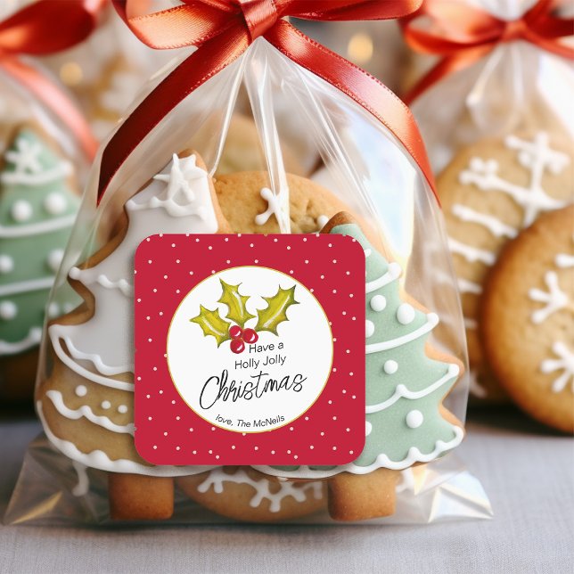 Sticker Carré Noël fantaisiste à pois avec du houx (Créateur téléchargé)