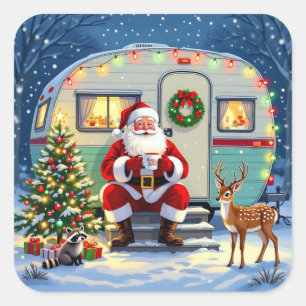 Sticker Carré Noël fantaisiste en forêt et camping-car rétro