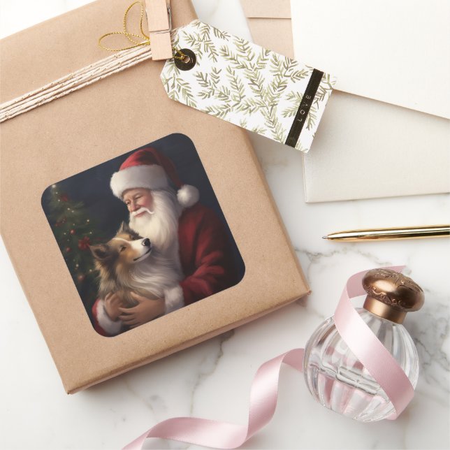 Sticker Carré Noël festif de Shetland Sheepdog Père Noël (Cadeaux)