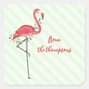 Sticker Carré Noël Festif mignon Flamant rose cordes lumières Cl