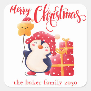 Sticker Carré Noël Festive Pingouin Rouge Personnalisé