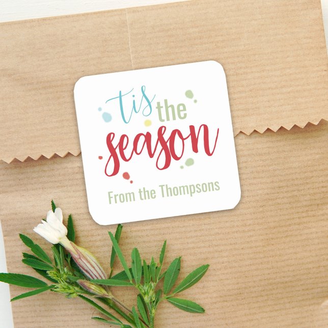 Sticker Carré Noël Festive simple Tis the Season (Whimsical cute typography calligraphy script "tis the season" gift sticker. )