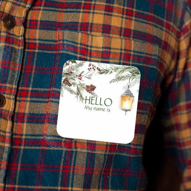 Sticker Carré Noël Fête Bonjour Nom Balise Pine (Créateur téléchargé)