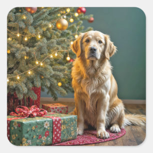 Sticker Carré Noël Golden Retriever avec des cadeaux