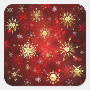 Sticker Carré Noël Golden Snowflakes sur Arrière - plan rouge