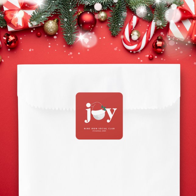 Sticker Carré Noël Golf Vacances Joie Moderne Fête Rouge (Perfect as an envelope seal or favor sticker. Add your family, club, or business name 🎁)