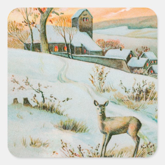 Sticker Carré Noël Hiver Paysage de neige et Vacances de cerfs (Devant)