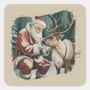 Sticker Carré Noël inspiré de l'ancien rétro Père Noël Renne