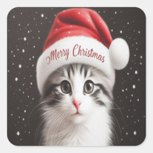 Sticker Carré Noël Japonais Bobtail Chat, Xmas Père Noël Kitten