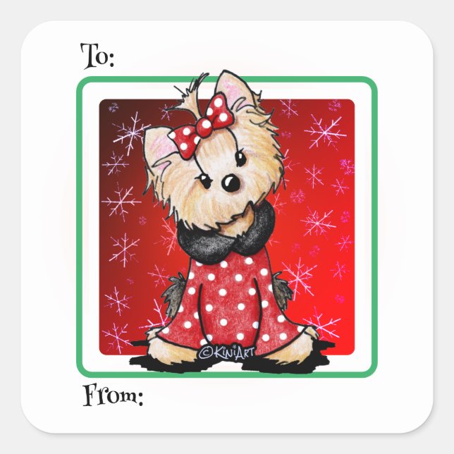 Sticker Carré Noël KiniArt Yorkie (Devant)