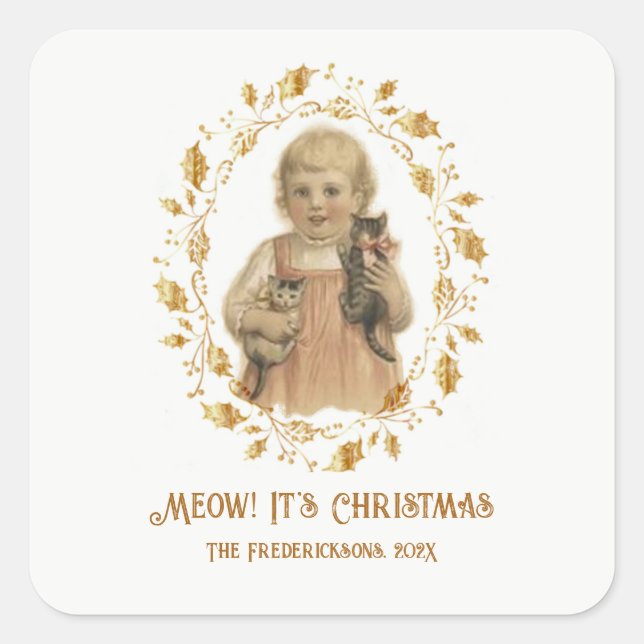 Sticker Carré Noël Meow Vintage (Devant)