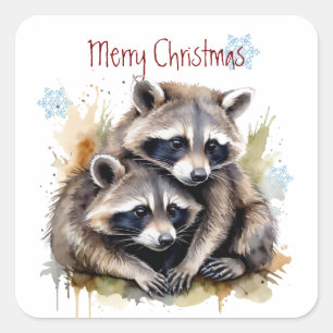 Sticker Carré Noël mignon Aquarelle Raccoons Faune
