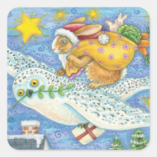 Sticker Carré Noël mignon avec lapin comme Père Noël sur Hibou