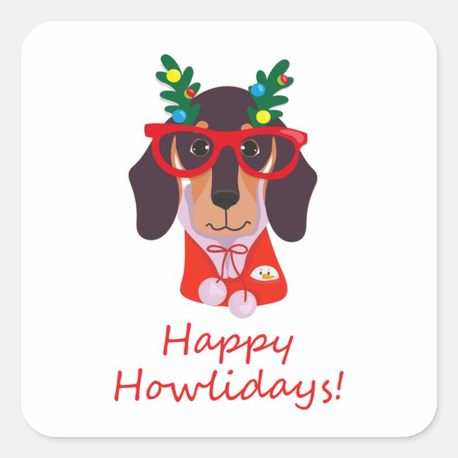 Sticker Carré Noël mignon chien drôle Dachshund Joyeux Howlidays (Devant)