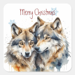 Sticker Carré Noël Mignonne aquarelle Loup Faune