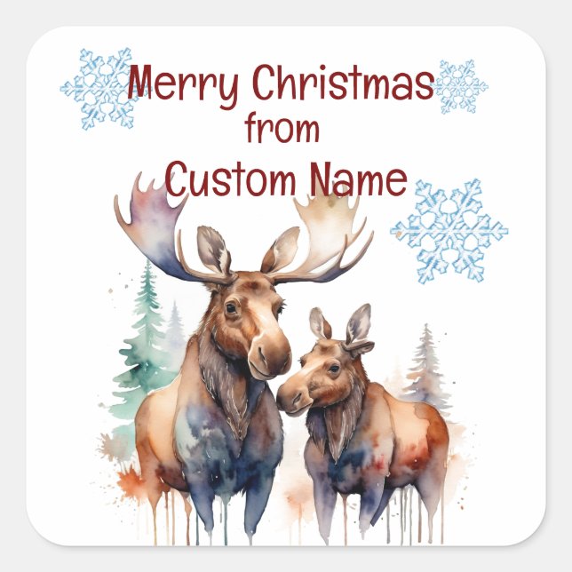 Sticker Carré Noël mignonne Moose Couple Personnaliser animale (Devant)