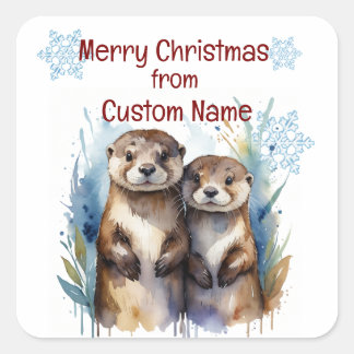 Sticker Carré Noël mignonne Otter Couple Personnaliser animale