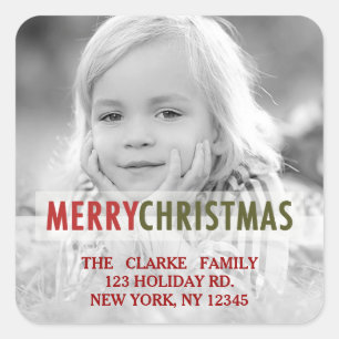 STICKER CARRÉ NOËL MODERNE   ADRESSE DE RETOUR PHOTO DE VACANCES