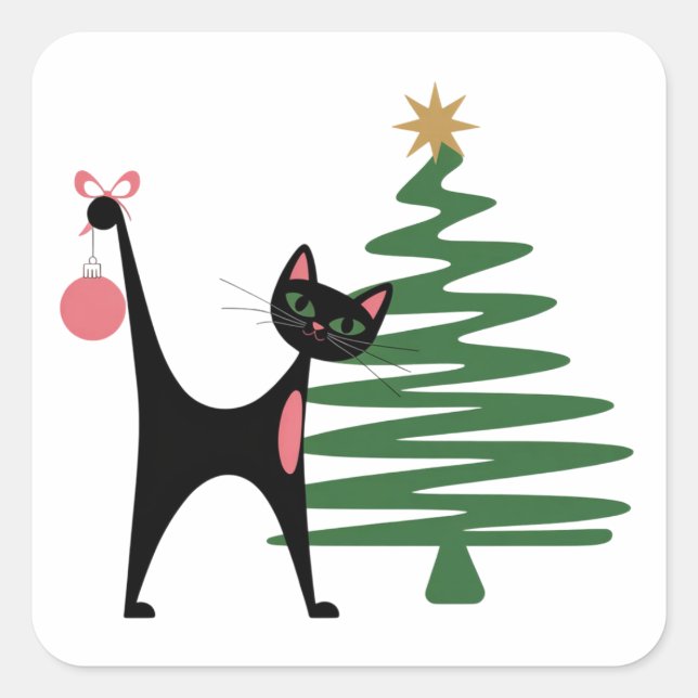 Sticker Carré Noël Moderne du Milieu du Siècle 1950 Chat Atomiqu (Devant)