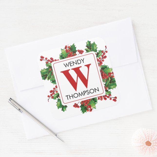 Sticker Carré Noël Monogramme Rouge & Green Festive (Enveloppe)