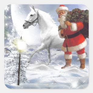 Sticker Carré Noël Père Noël avec Cheval Blanc