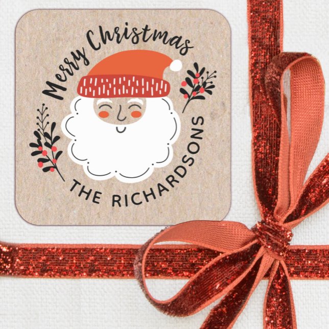 Sticker Carré Noël personnalisé du Père Noël (A cute kraft Santa Claus Christmas sticker. Cute for decorating your holiday gifts.)