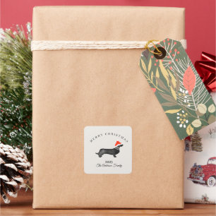 Sticker Carré Noël personnalisé rouge gris santa dachsund
