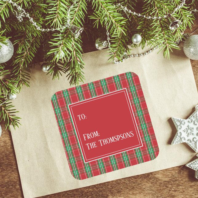 Sticker Carré Noël Plaid Vacances Rouge et Vert De (Christmas holiday square sticker with red and green plaid pattern. )
