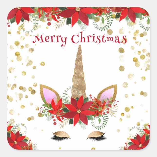 Sticker Carré Noël Poinsettia Unicorne avec les faveurs du Parti (Devant)