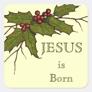 Sticker Carré Noël religieux, Jésus, Holly, Art original