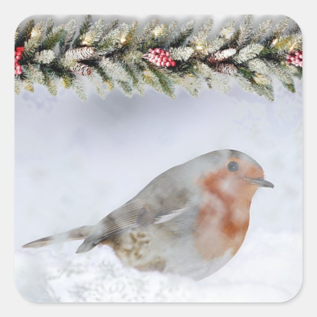 Sticker Carré Noël Robin d'hiver enneigé (Devant)
