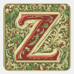 Sticker Carré Noël rouge et or Z avec des accents verts