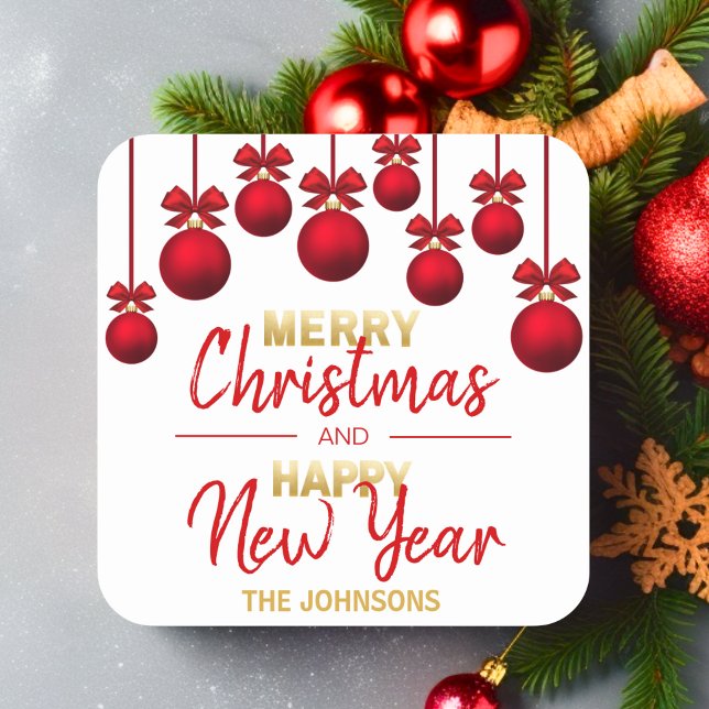 Sticker Carré Noël Rouge Or personnalisé Bonne année (Personalized Red Gold Christmas Happy New Year Square Sticker)