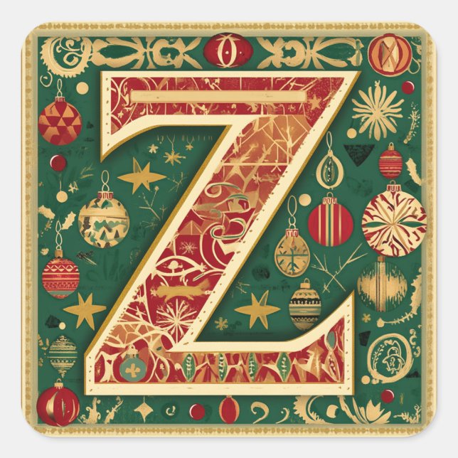 Sticker Carré Noël Rouge Z avec verdure et or (Devant)