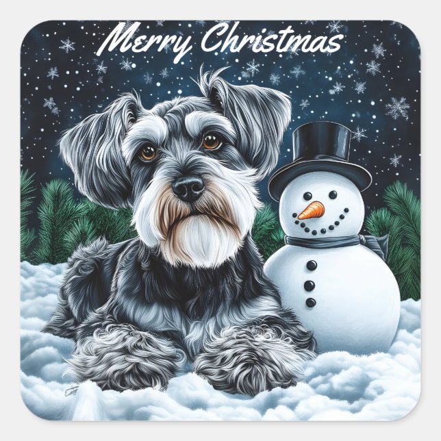 Sticker Carré Noël Schnauzer et Snowman (Devant)