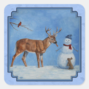 Sticker Carré Noël Snowman Deer Cute Bunny Blue