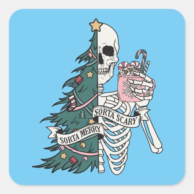Sticker Carré Noël Sorta Scare Sorta Merry Funny Skeleton (Devant)