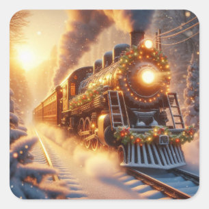 Sticker Carré Noël Train de vacances vintage Hiver enneigé