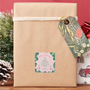 Sticker Carré Noël Tropical Flamingo Rose Chapeau de Père Noël B
