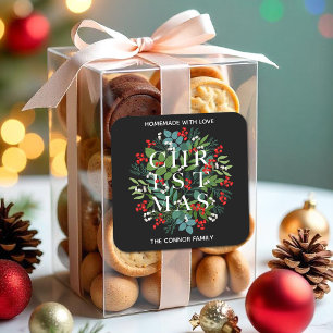 Sticker Carré NOËL Typographie Holly Berries Maison