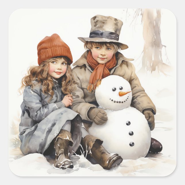 Sticker Carré Noël Vieux mode Enfants Snowman Aquarelle (Devant)