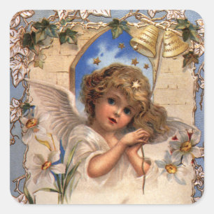Sticker Carré Noël vintage, ange victorien avec cloches dorées