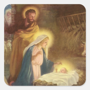 Sticker Carré Noël vintage de la Nativité, Marie Joseph Enfant J