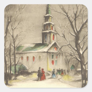 Sticker Carré Noël vintage, église dans un paysage enneigé d'hiv