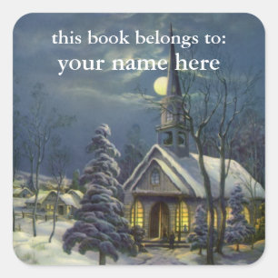 Sticker Carré Noël Vintage, Église d'hiver en Neige avec Lune