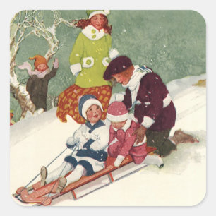 Sticker Carré Noël vintage, enfants faisant de la luge dans la n