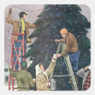 Sticker Carré Noël vintage, famille accrochant des lumières sur